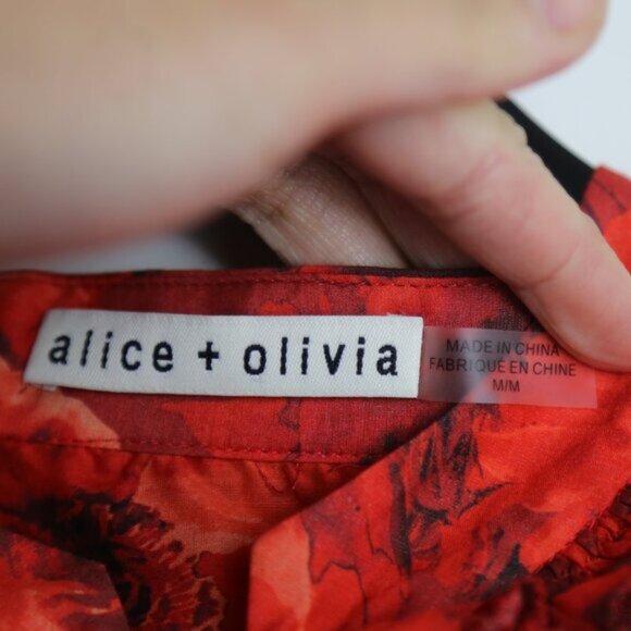Alice + Olivia Bette Silk Cotton Ruffle Tie Blouse Floral Red Size Medium - Picture 4 of 8